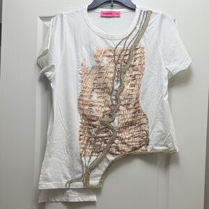 White and Tan Embellished Women's Top